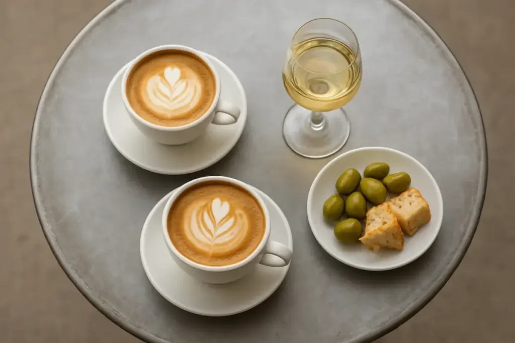 Kaffe, et glas hvidvin, oliven og brød på et lille cafébord set ovenfra