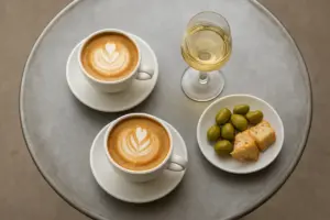Kaffe, et glas hvidvin, oliven og brød på et lille cafébord set ovenfra